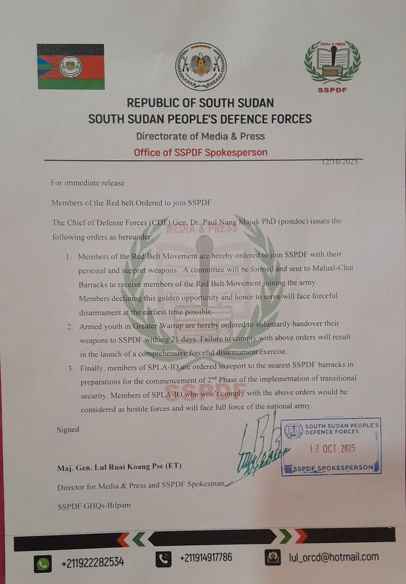 Ivadleber's tweet image. South Sudan Peoples Defense Forces #SSPDF on Sunday October 12th ordered SPLM-IO troops to report to SSPDF&apos;s nearest camp otherwise it threatened to march on SPLM-IO&apos;s position. #SSoT #SSoX