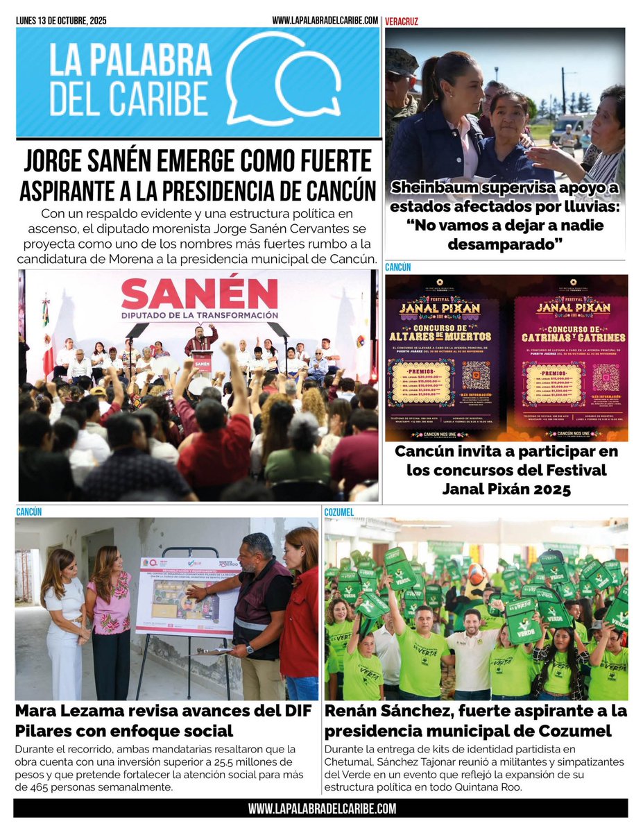 Jorge Sanén se perfila como aspirante fuerte a la presidencia municipal de Cancún - bit.ly/42DUbOX
----
Sheinbaum supervisa apoyo a estados afectados por lluvias: “No vamos a dejar a nadie desamparado” - bit.ly/3L63wsK