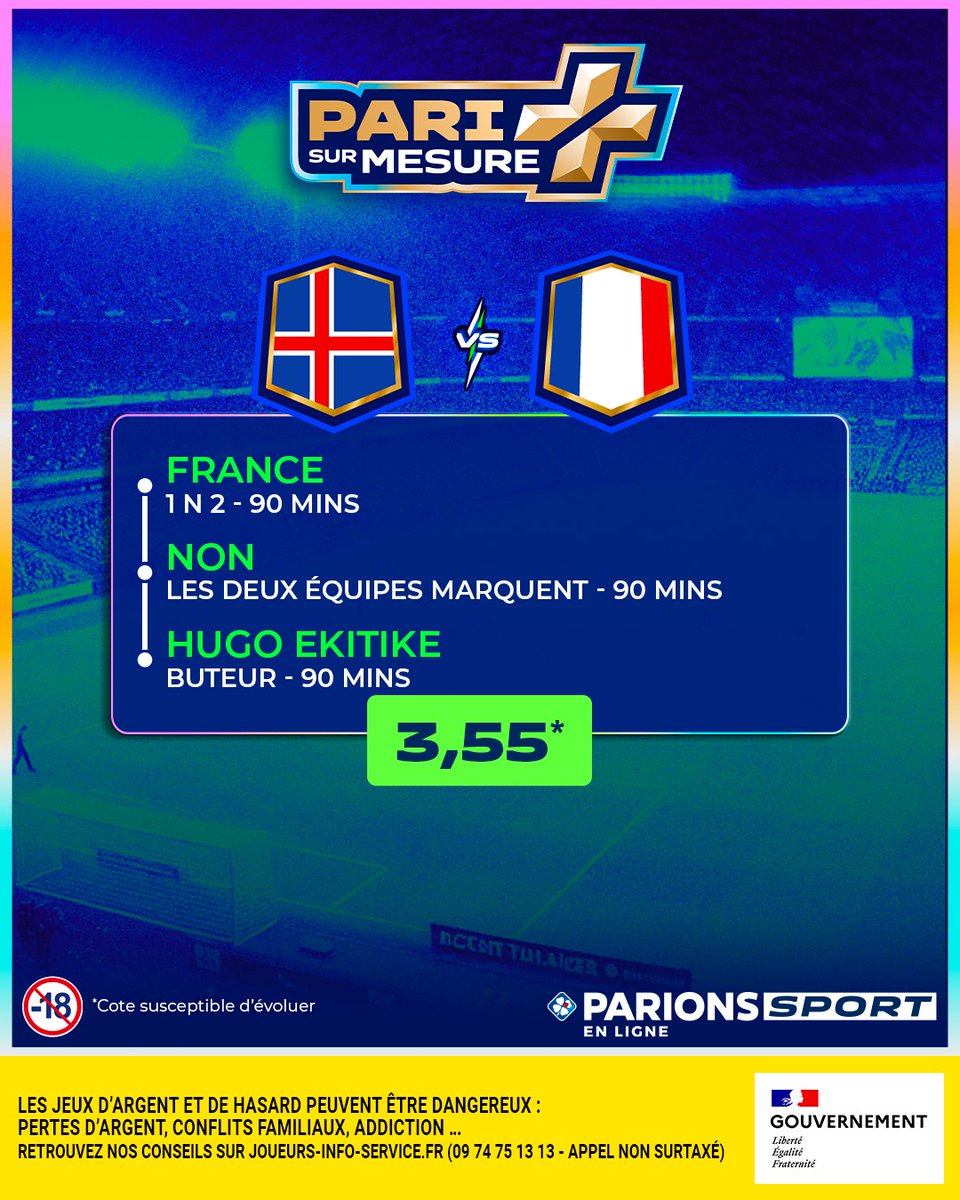 🔥 Notre #PariSurMesure pour Islande-France - éliminatoires de la Coupe du monde 2026 🌎⚽️

🤩 10x20€ de freebet si le combi ci-dessous fait 3/3

Pour jouer :
👉 RT + Follow
🗓️ TAS le 14/10
📃 Règlement : bit.ly/45Ljuky