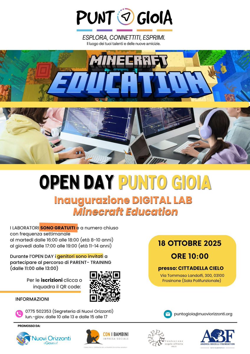 Nuovi Orizzonti (@nuoviorizzonti) on Twitter photo 📣Laboratorio GRATUITO di "Minecraft Education" per giovani 11-17 anni 💻👾 e laboratori musica, canto, arte, digital❗️X ragazzi sopra 17 anni, laboratori di produzione musicale o di regia e film-making. 🎥
👉🏼OPEN DAY 18/10 ore 10
Info 0775502353 puntogioia@nuoviorizzonti.org 📣Laboratorio GRATUITO di "Minecraft Education" per giovani 11-17 anni 💻👾 e laboratori musica, canto, arte, digital❗️X ragazzi sopra 17 anni, laboratori di produzione musicale o di regia e film-making. 🎥
👉🏼OPEN DAY 18/10 ore 10
Info 0775502353 puntogioia@nuoviorizzonti.org