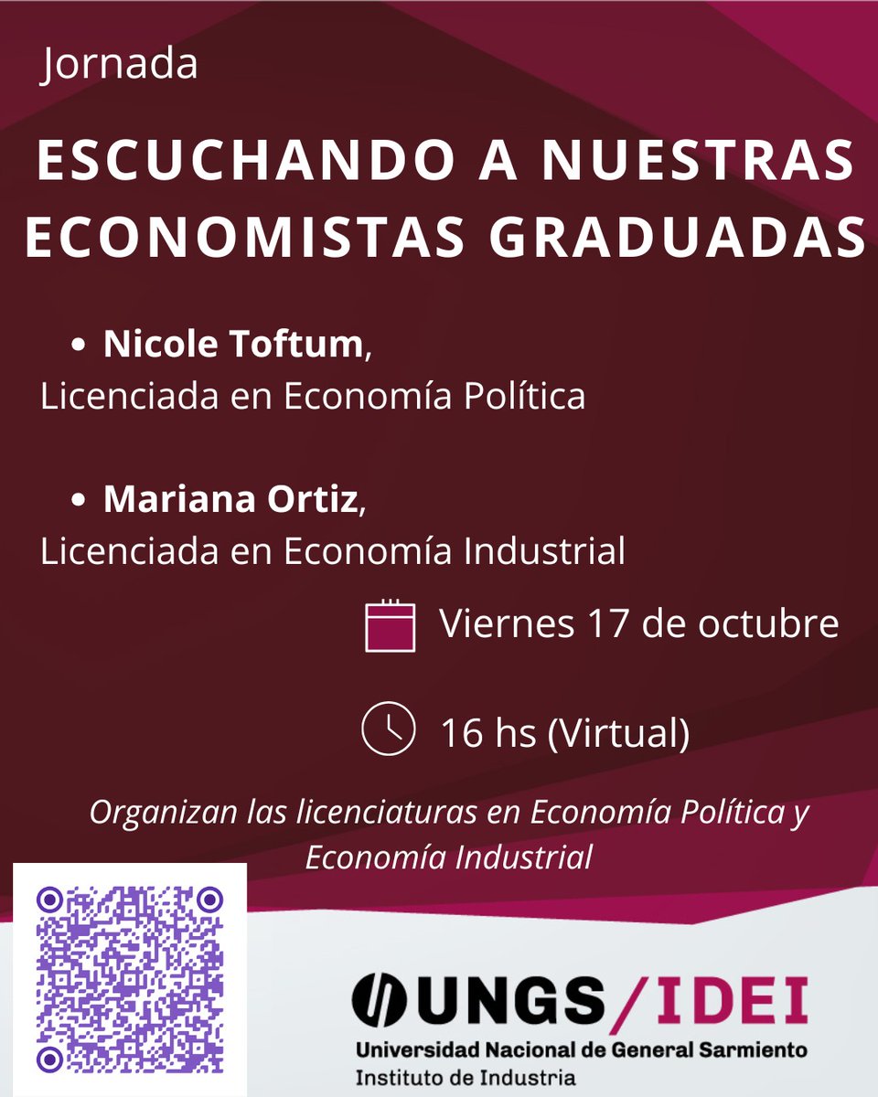 El 17 de octubre, 16 hs. Encuentro virtual "Escuchando a nuestras economistas graduadas" de las licenciaturas en Economía Política y Economía Industrial de la <a href="/ungsoficial/">UNGS</a> :

<a href="/nicoletoftum/">Nicole Toftum</a>  (Lic. en Economía Política)
Mariana Ortiz (Lic. en Economía Industrial)