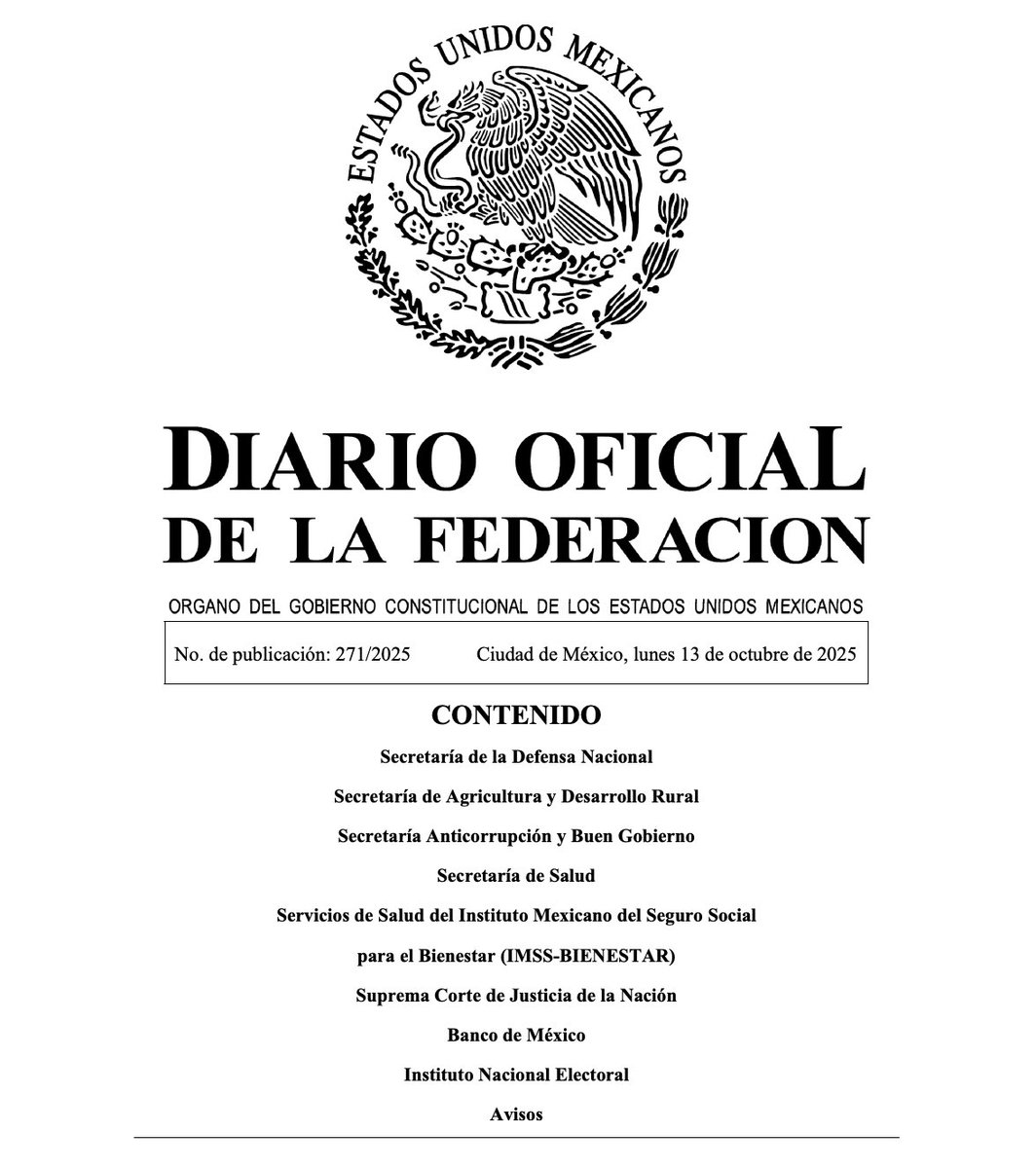 OJN_SEGOB's tweet photo. 📜 Diario Oficial de la Federación @DOF_SEGOB
13-10-2025 Edición Matutina
👉 https://t.co/kUqYvzVo4w
@SEGOB_mx 
.
.
. 
#DOF #México
#13DeOctubreDe2025   
#OrdenJurídicoNacional
#OJN https://t.co/nOoltJ8ce9