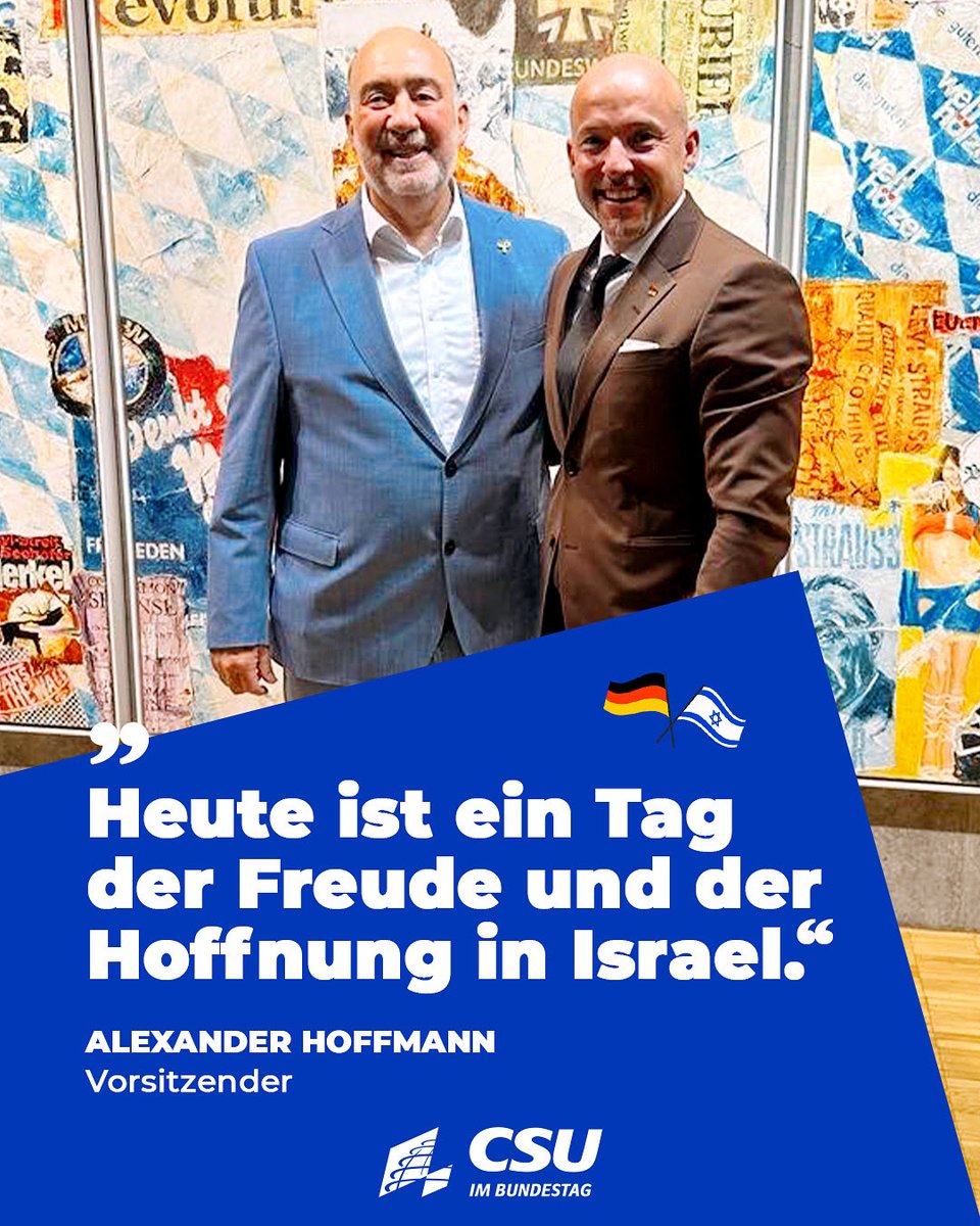 „Heute ist ein Tag der Freude und der Hoffnung in Israel - und wir stehen dabei fest an der Seite des jüdischen Volkes“, betont @CSU_bt-Chef <a href="/Hoffmann_MdB/">Alexander Hoffmann</a> im Gespräch mit dem israelischen Botschafter in Deutschland, Ron Prosor. <a href="/IsraelinGermany/">Botschaft Israel</a>