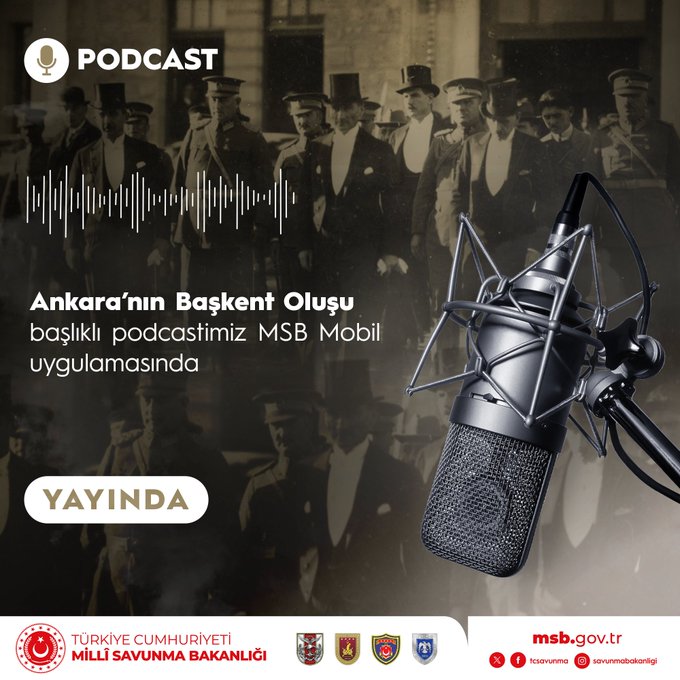 Graphic design with dark background and podcast microphone in center. Text overlay reads PODCAST at top left, Ankara'nın Başkent Oluşu podcast'i MSB Mobil uygulamasında yayımlandı below it, and YAYINDA at bottom right. Logos of Türkiye Cumhuriyeti Millî Savunma Bakanlığı and msb.gov.tr at bottom. Silhouettes of suited figures in background.