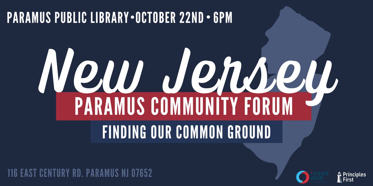 Principles_1st's tweet image. Join Principles First and @IssueOneReform in Paramus, New Jersey on Wednesday, October 22nd at 6pm for a community forum on "Finding Our Common Ground," a moderated discussion on the growth of executive power.
RSVP here ↓
eventbrite.com/e/principles-f…