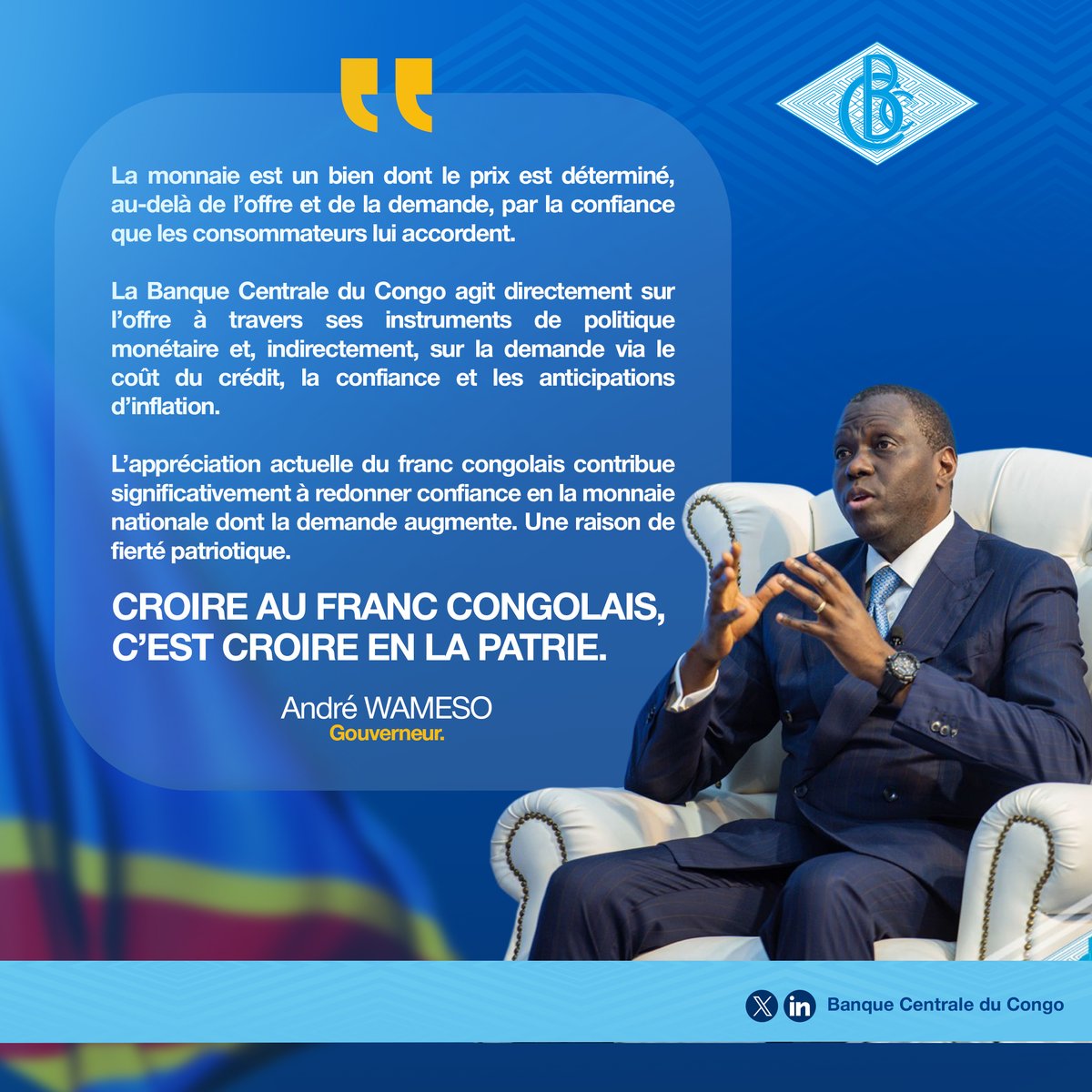 Croire au franc congolais, c’est croire en la Patrie 🇨🇩

#FrancCongolais #ÉconomieRDC #MonnaieNationale #StabilitéMonétaire #BCC