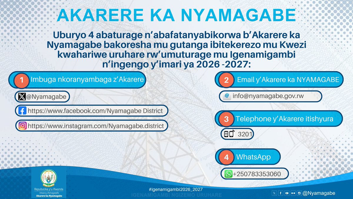Nyamagabe's tweet image. Kuri uyu wa 14 Ukwakira 2025, muri @Nyamagabe, mu Murenge wa #Kibilizi haratangirizwa ku rwego rw'Igihugu Ukwezi kwahariwe uruhare rw'umuturage mu Igenamigambi n'ingengo y'imari ya 2026/2027.
Abifuza gutanga ibitekerezo mwakoresha uburyo bukurikira.