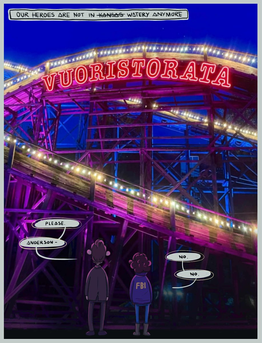 she said NO

☕️ during today's #coffeeworldcasey, our heros have a feeling they ain't in K̶a̶n̶s̶a̶s̶ Watery anymore. It's probably just side effects of the Pepto Bismol, &amp; while Saga doesn't know what exactly a 'Vuoristorata' is, they ain't gettin on it. 

#AlanWake2 #AlexCasey