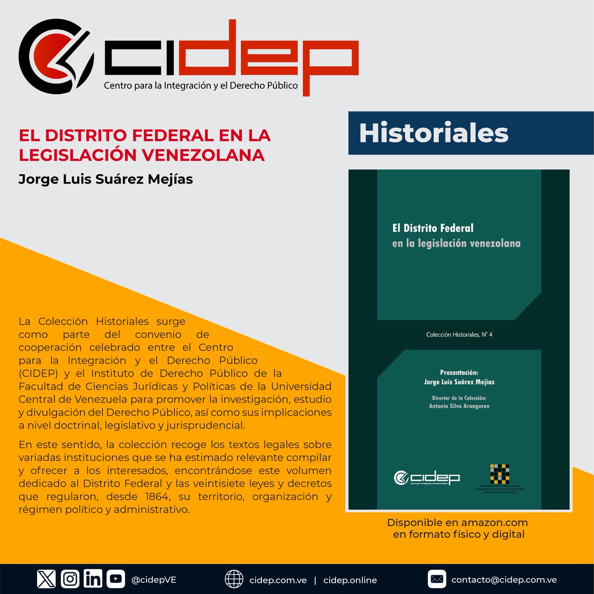 Nueva publicación del CIDEP junto con el <a href="/idpUCV/">Instituto Derecho Público UCV</a>: "El Distrito Federal en la legislación venezolana" de Jorge Luis Suárez Mejías, Director General de este Centro cidep.online/editorial/ucv/…