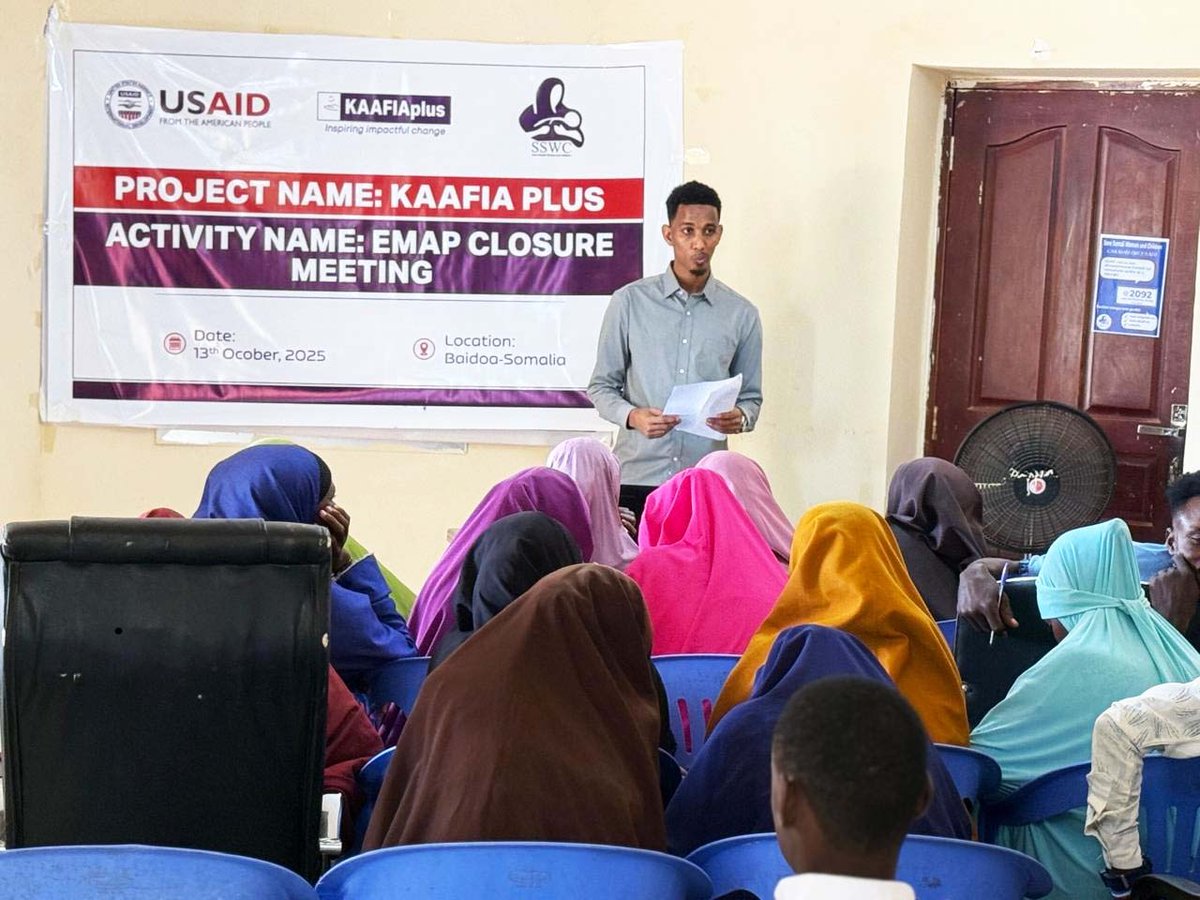 S_S_W_C's tweet image. Empowering Change, Promoting Equality
Today, #SSWC held a Closure Meeting for 20 men and 20 women from 16 IDP camps in Baidoa who successfully completed 16 and 8 weeks of transformative training under the #KAAFISplus Project.