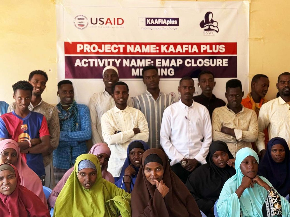 S_S_W_C's tweet image. Empowering Change, Promoting Equality
Today, #SSWC held a Closure Meeting for 20 men and 20 women from 16 IDP camps in Baidoa who successfully completed 16 and 8 weeks of transformative training under the #KAAFISplus Project.