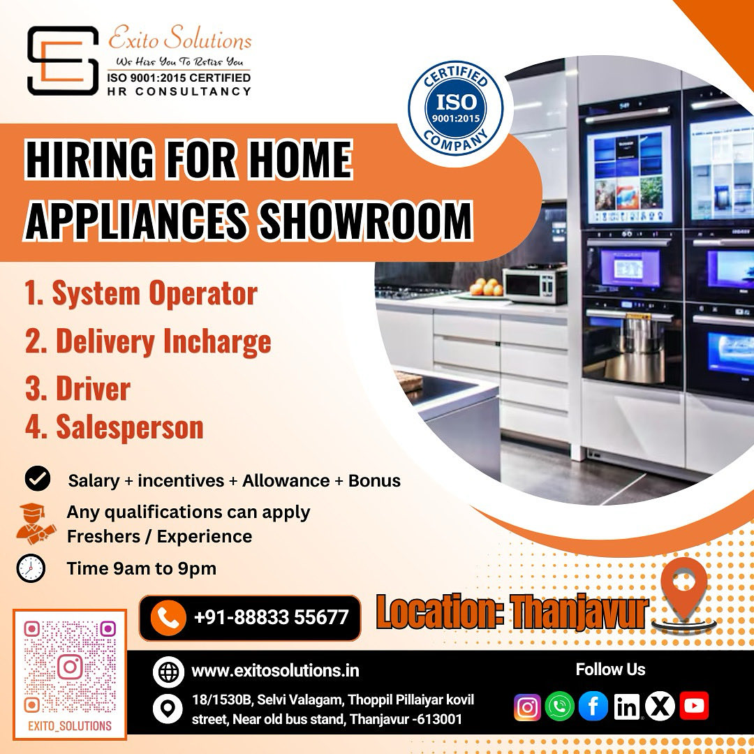 exitoashwin's tweet image. HIRING FOR HOME APPLIANCES
CALL 8883355677
#exitosolutions #tanjore #thanjavur #tamilnadu #homeappliances
