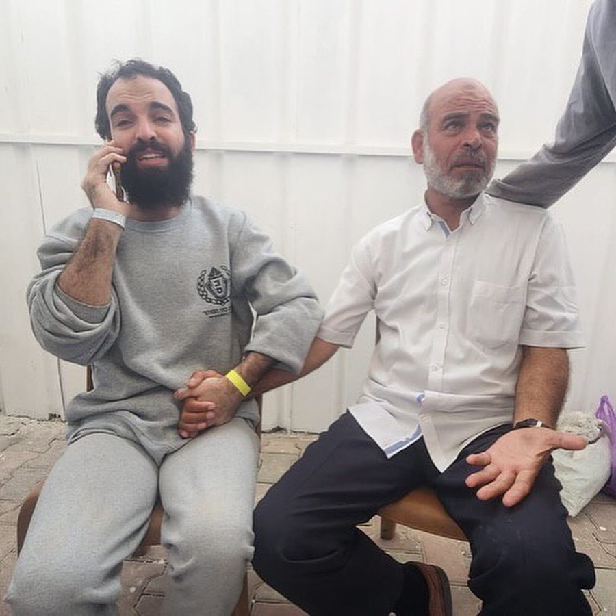 Yesterday, he lost his son Saleh Aljafarawi.

Today, he embraces his other son who has just been freed. #Gaza