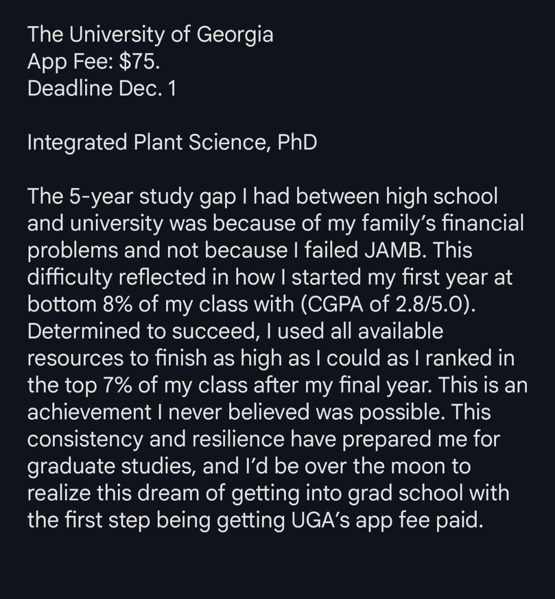 badmuszain's tweet photo. @AskMichaelTaiwo Helping me with The University of Georgia's $75 application fee would be a huge step in realizing my grad school dream. Neither I nor my parent, currently have the financial bouyancy to help me beyond a BSc. as they've had to finance my undergrad through loans.

Deadline: Dec. 1 https://t.co/pXEEs6O5AQ
