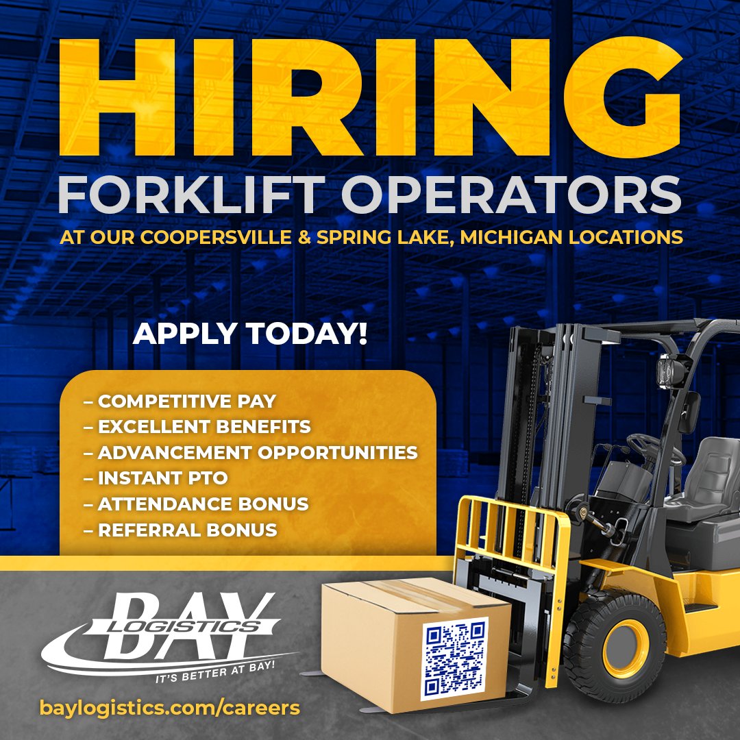Bay Logistics is looking for skilled Forklift Operators to join our warehouse team and keep our operations moving smoothly in Coopersville and Spring Lake. Apply today! #warehouse #logistics #forklift
 
Learn more: baylogistics.com/careers