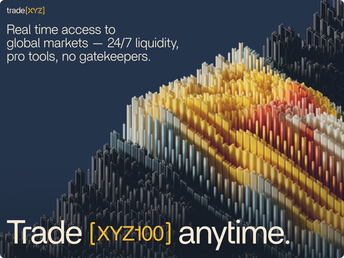 tradeperps's tweet image. Equity perps are now live.

Trade [XYZ100] with up to 20x leverage 24/7, 365.

The XYZ US 100 Index tracks the value of the top 100 non-financial companies.

The first 100 users on the waitlist will get alpha access to trade.xyz today.