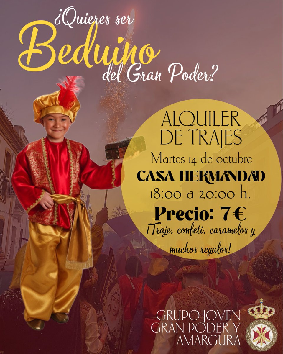GrupoJGranPoder's tweet image. ¿𝐐𝐔𝐈𝐄𝐑𝐄𝐒 𝐒𝐄𝐑 𝐁𝐄𝐃𝐔𝐈𝐍𝐎 𝐃𝐄𝐋 𝐆𝐑𝐀𝐍 𝐏𝐎𝐃𝐄𝐑?

Mañana martes, 14 de octubre, estaremos en la Casa Hermandad en horario de 18:00 a 20:00 horas, para el alquiler de trajes de beduino para el Cartero Real 2025.

🙌🏼¡Recuerda que se agotan!