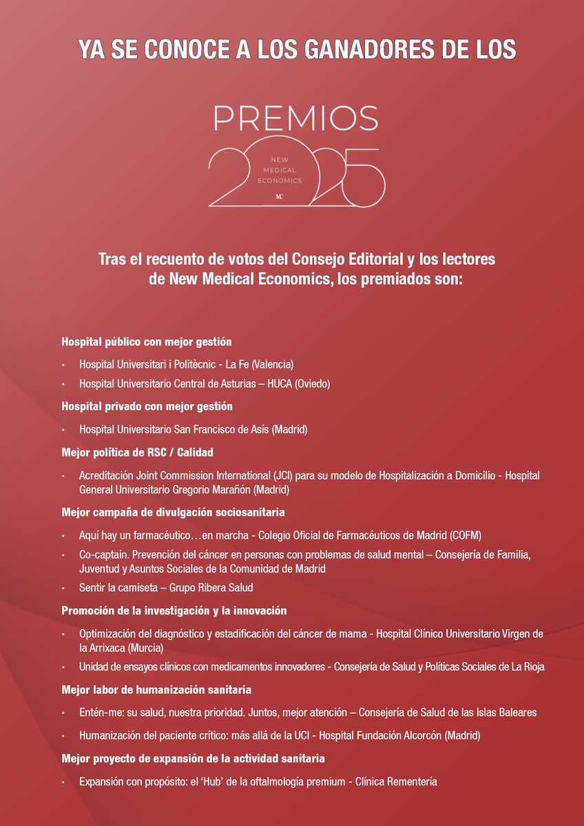 🙌 En el HUCA estamos de enhorabuena: premio 2025 al Hospital Público con mejor gestión.
Reconocimiento al trabajo de equipo que se realiza en nuestro Hospital: todo eslabón de la cadena aporta el valor necesario para conseguir una atención de excelencia!! newmedicaleconomics.es/ganadores-de-l…