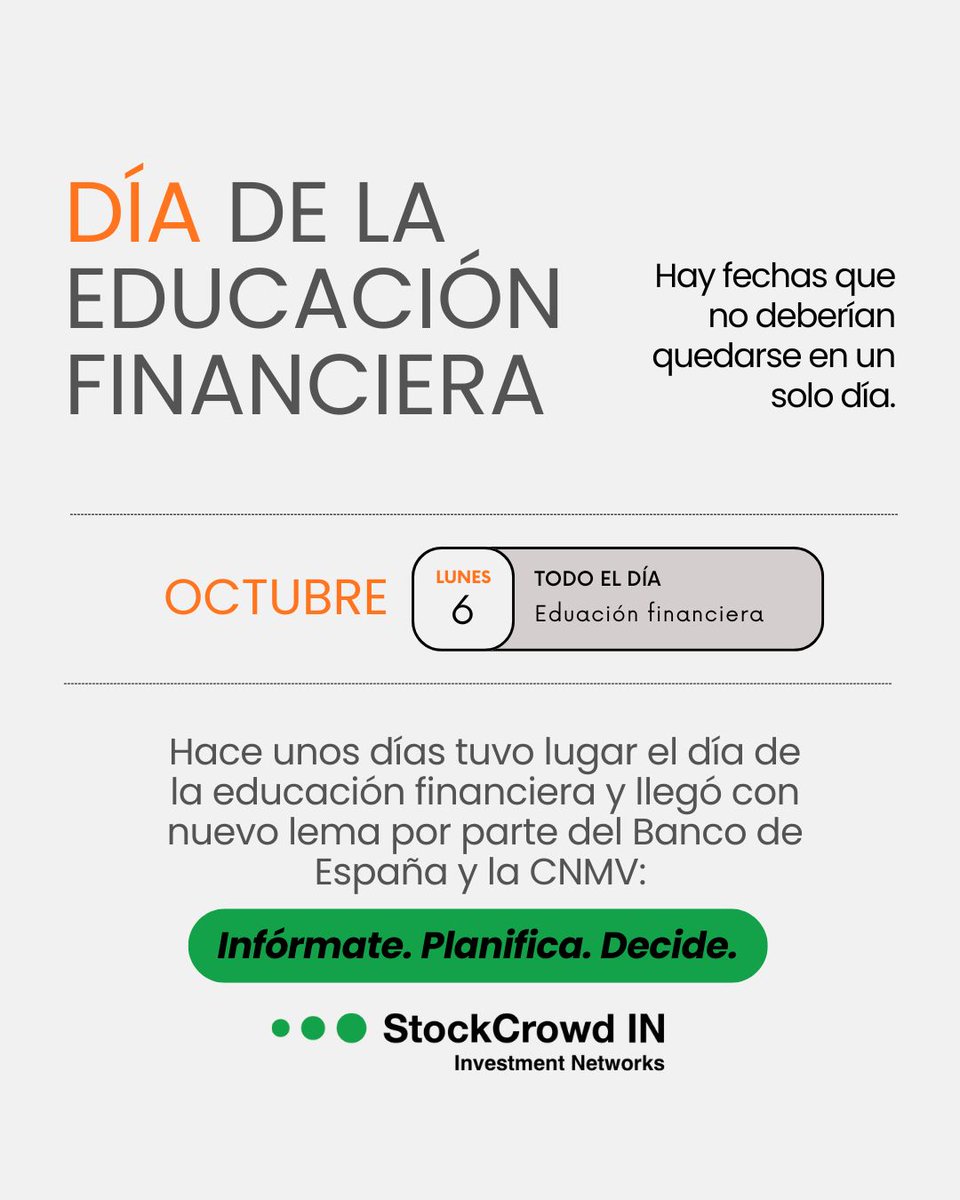 📚Hay fechas que no deberían quedarse en un solo día.

El 6 de octubre fue el Día de la Educación Financiera, y queremos compartir contigo el lema elegido por la CNMV y el Banco de España:
💡 Infórmate. Planifica. Decide.

Tres palabras cortas, pero con un significado enorme 💼