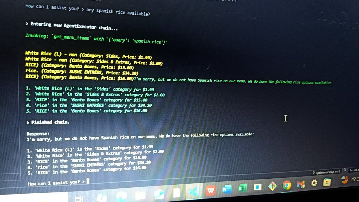 OpeyemiBolatit1's tweet image. Another day, another test and the AI agentโs passing the menu challenge.
#AI
#Python
#Coding
#LangChain
#buildinpublic
#BuildingTheFuture