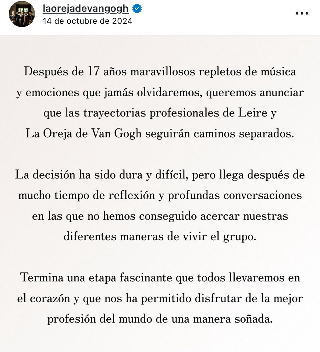 🚨 La Oreja de Van Gogh borra el post en el que se anunciaba la salida de Leire y sube esta imagen en blanco