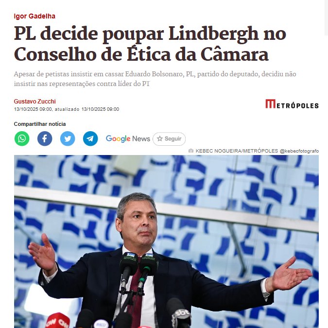 EnioViterbo's tweet image. "O líder do PL na Casa, Sóstenes Cavalcante (RJ), acertou com a bancada que a sigla não responderá ao PT “na mesma moeda” e, assim, não insistirá nas representações contra Lindbergh."
Lindbergh vai ficar livre pra pedir a cassação e prisão da oposição?
Parabéns aos envolvidos.