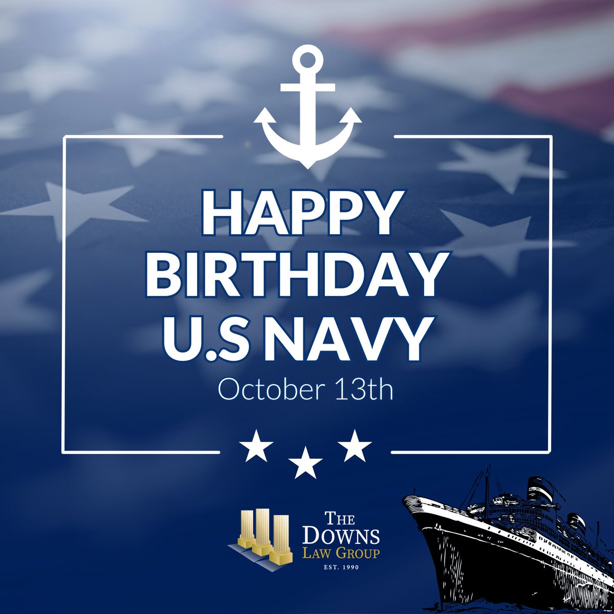 DownsLawGroup's tweet photo. ⚓ Today we celebrate 250 years of honor, courage, and commitment.

Happy Birthday to the United States Navy, thank you to all who have served and continue to protect our seas and our nation. 💙

#usnavy #happybirthday #thankyouforyourservice🇺🇸 
#honor #courage #commitment https://t.co/thQlRImSzo