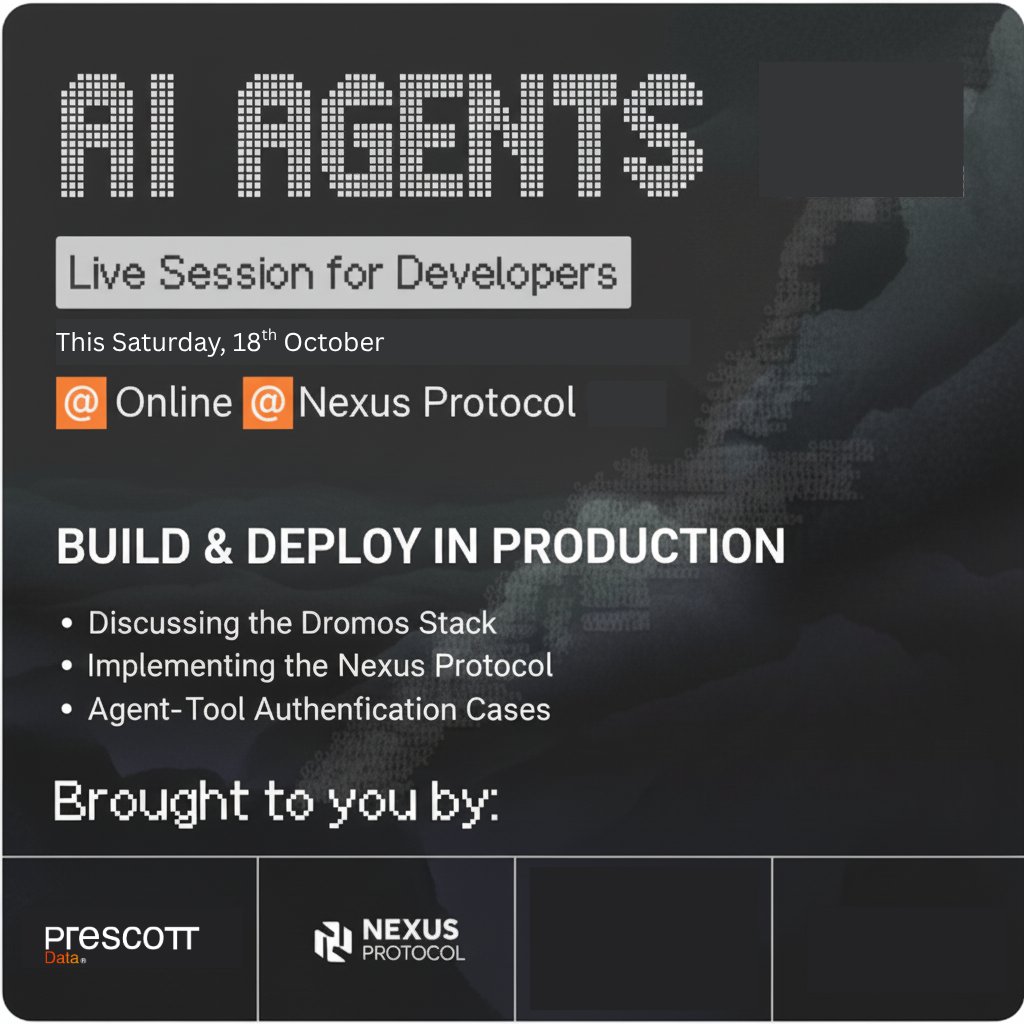 prescottdata's tweet photo. /1) Developers, come write some code with us on agent tool authentication. We will introduce you to our #NexusProtocol for agent tool authentication. https://t.co/hKEYjWWS8f