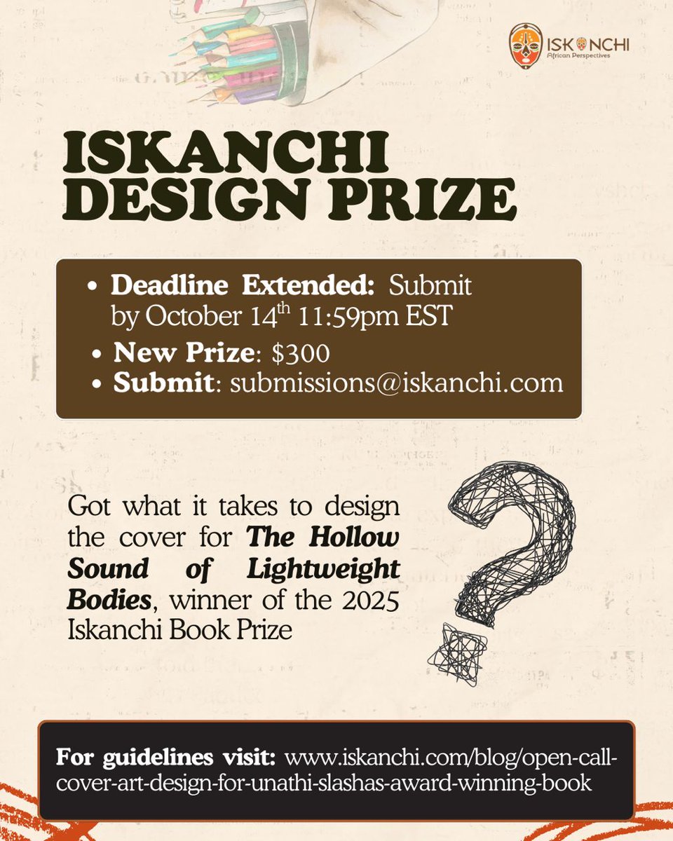 🎨 Final call for designers!

Submissions for our Design Prize close tomorrow, Oct 14.

Create a jaw-dropping cover for Unathi Slasha’s award-winning book and showcase your talent to a global audience.