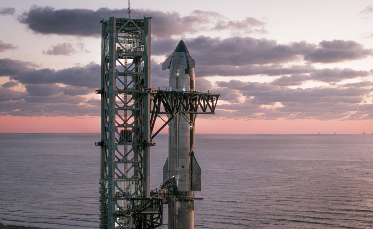 SpaceX's tweet image. Starship and Super Heavy on the pad for the eleventh flight test
