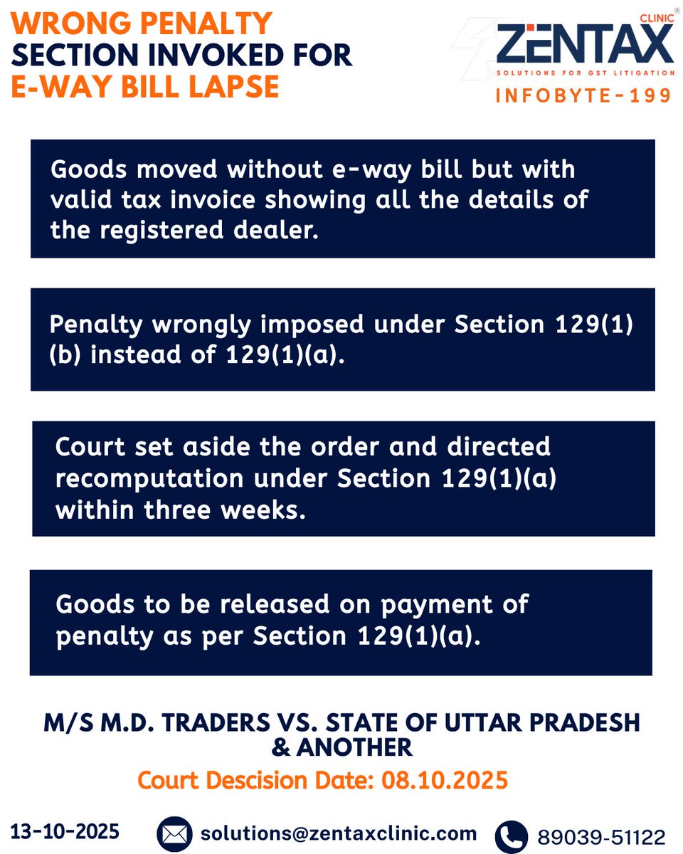 ZENTAXCLINIC1's tweet photo. Zen Tax Infobyte 199! 

📢Wrong Penalty Section Invoked for E-Way Bill Lapse⁉️

Follow us for Regular Updates👇
WhatsApp: https://t.co/5A3dBNvD2F
YouTube : https://t.co/UIQG4ky5aP
LinkedIn : https://t.co/VWmwTLtN8W https://t.co/4WwfOlLqMb
