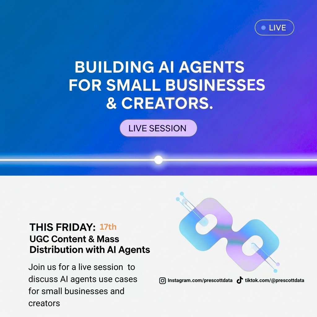 prescottdata's tweet photo. /3) Lastly, small business owners and creators, come with your use cases ready to explore AI agents for UGC (user generated content) mass creation and distribution with your brand voice. https://t.co/21GkNe6g8N