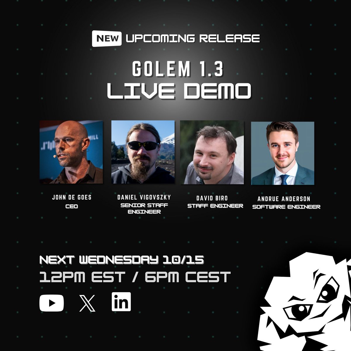 GolemCloud's tweet image. 🎉 Golem 1.3 is AROUND THE CORNER.

We&apos;re going LIVE October 15 @ 12PM EST! 🚨

We’ve gone all-in on TypeScript, introduced code-first agents, and brought massive CLI + Console upgrades.

Tune in live for demos, new features, and a look at what’s next for agentic development 👀…