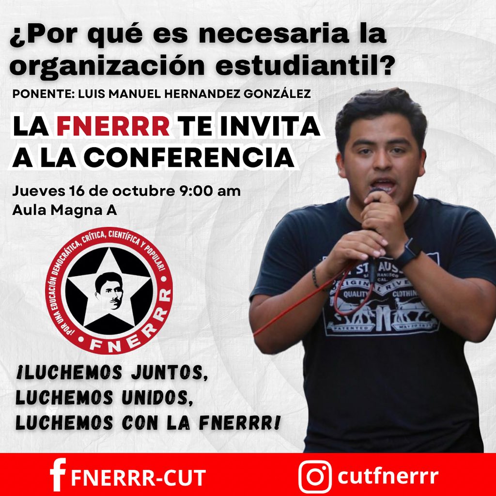 FNERRRTlacaelel's tweet photo. La FNERRR te invita a la conferencia: ¿Por qué es necesaria la organización estudiantil?

🗓 Jueves 16 de octubre
🕘 9:00 AM en punto
📍 Aula Magna A

¡Luchemos juntos, luchemos unidos, luchemos con la FNERRR!

#ConferenciaEstudiantil #FNERRR https://t.co/ZUzObEBARm