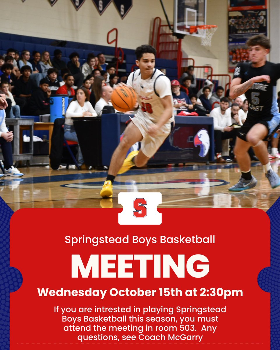 <a href="/steadhoops/">Springstead Boys Basketball</a> is back!!! Anyone interested in trying out for Springstead Boys Basketball this season, there will be a meeting after school on Wednesday 10/15 in room 503. If you have any questions, see Coach McGarry <a href="/Springstead_Ath/">Springstead Athletics</a> #steadlife