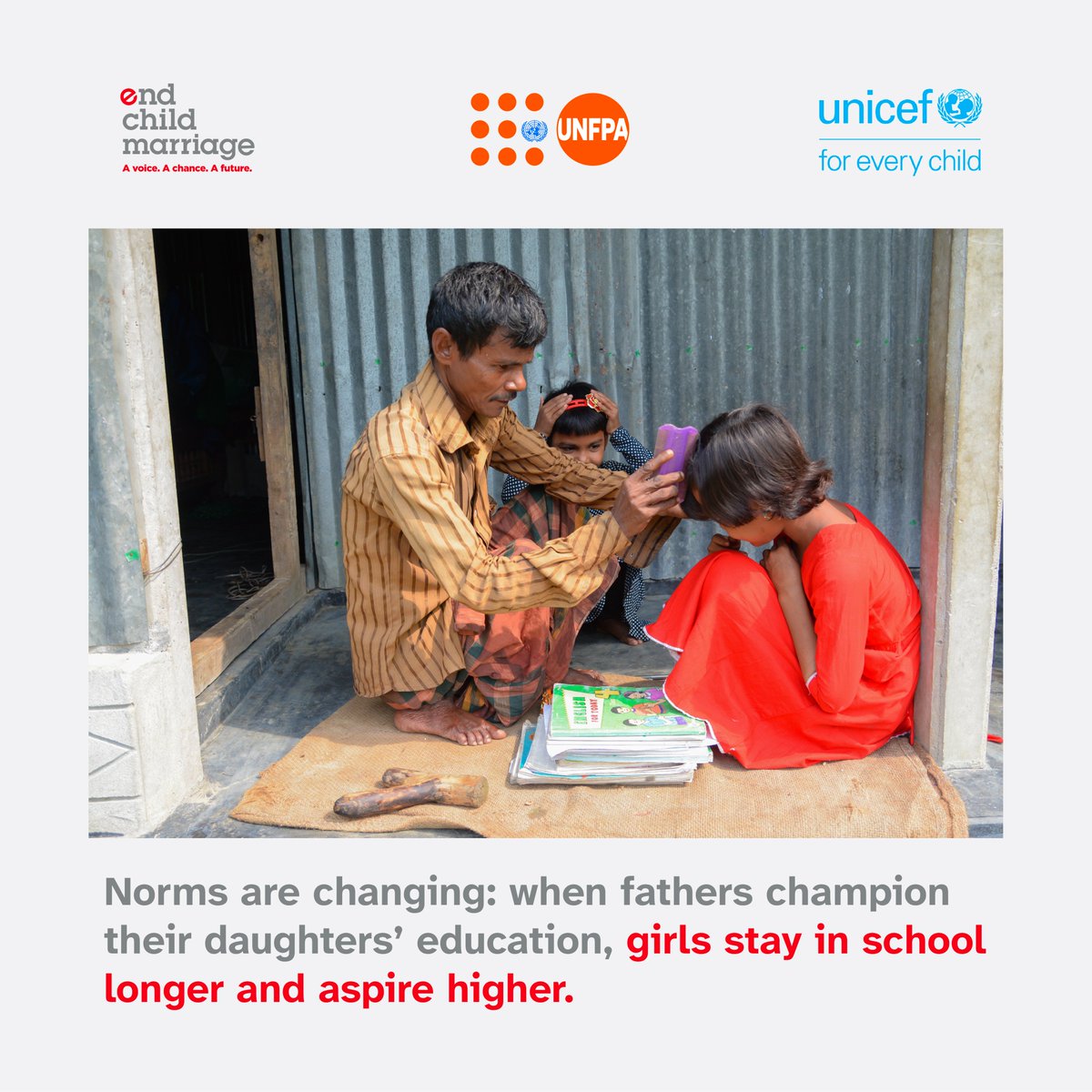 UNFPABangladesh's tweet photo. When fathers champion their daughters’ education, girls stay in school longer and dream bigger. Each supportive dad helps #endchildmarriage still affecting 1 in 2 girls in Bangladesh.
Let’s empower fathers to raise empowered girls.
#EndChildMarriage #GPECM #IDGC2025 https://t.co/h4EGRaWuDC