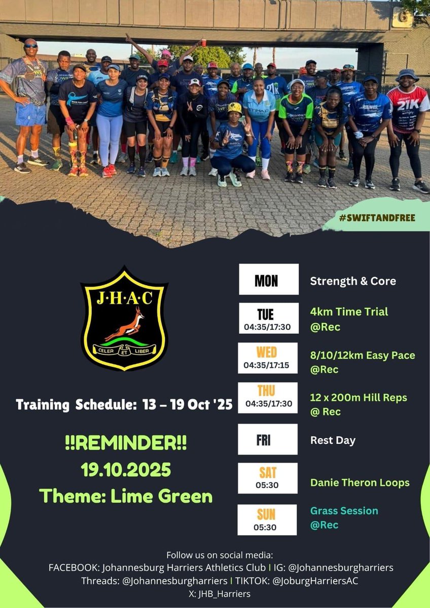 Issa a new week, new goals!
Join us for our training sessions, and let's capture some awesome moments together!

Nazooooooo! No excuses 😉 

#joinerwena 🏃‍♂️ 🏃‍♀️ 
#swiftandfree 
#johannesburgharriersac 
#newweek #newweeknewgoals 
#runningcommunity #runninggoals 
#weeklytraining