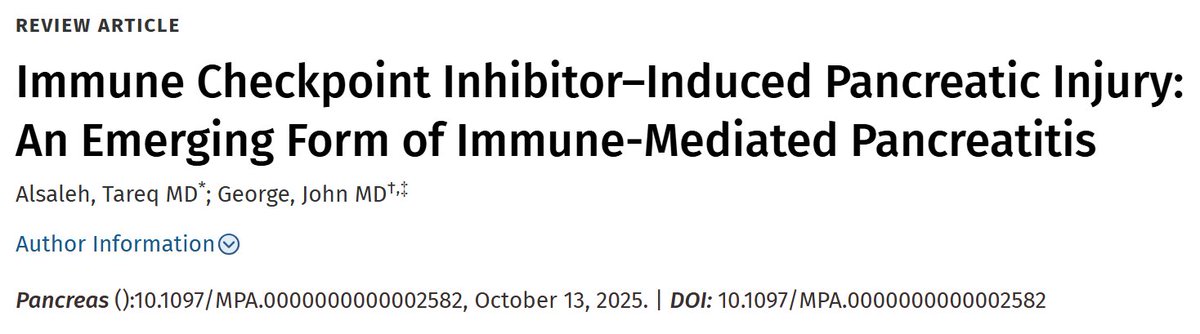 Hot of the press 🚨

Our review article outlining the pathogenesis, clinical features, and management of immune checkpoint inhibitor-induced pancreatic injury is now published in Pancreas!

journals.lww.com/pancreasjourna…

Grateful to <a href="/aiims2657/">John George</a> for the opportunity and mentorship.