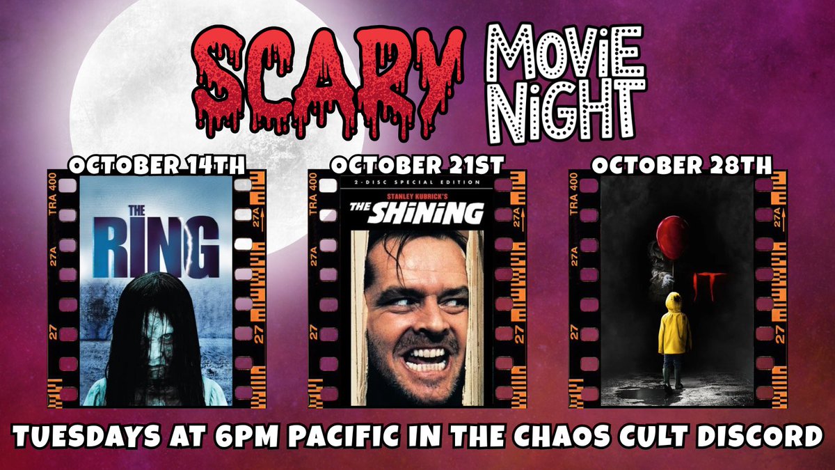 Tuesday Nights in October we are hosting some scary movies in my PERSONAL Discord. 🍿

We would love to have you join us! 
DM me for the Discord link or grab it from my chat while i’m live. 💚