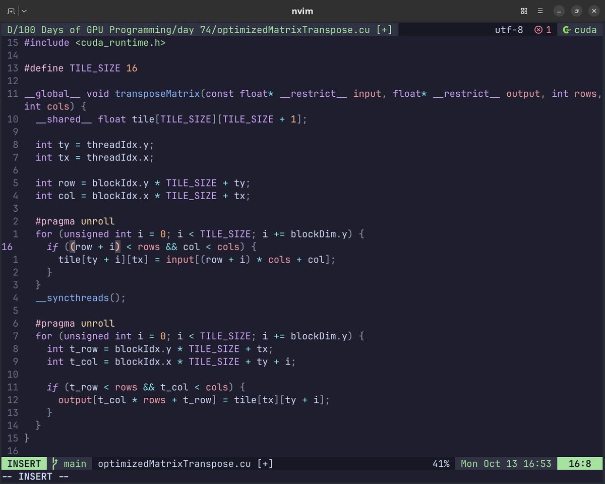 sadernoheart's tweet image. day 74/100 of GPU Programming
- optimized my matrix transpose kernel by memory access pattern optimization and a slight but crucial tweak with the TILE_SIZE
- clocked a 2.41x speed up in runtime notably on the H100
my observation on why these tweaks made the kernel faster 🧵:
