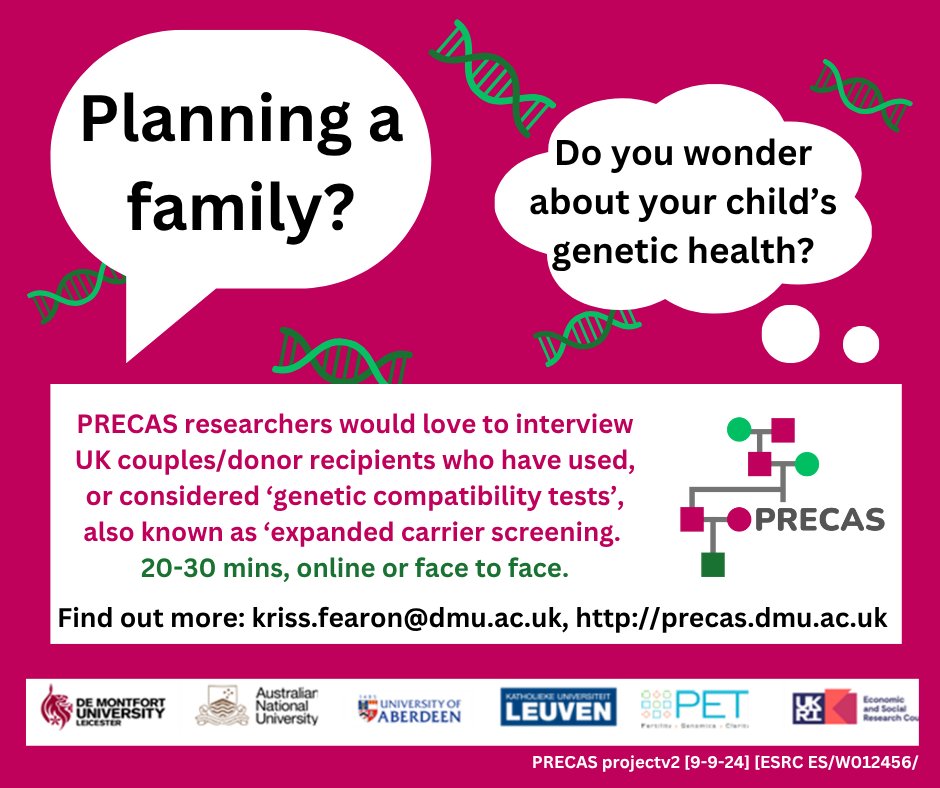 PET_BioNews's tweet image. Can you take part? Researchers are looking for UK couples and #donor recipients using/planning to use #preconception #ExpandedCarrierScreening tests, to talk about their decision and experiences. Find out more: @precasdmu @CRRDMU
precas.dmu.ac.uk