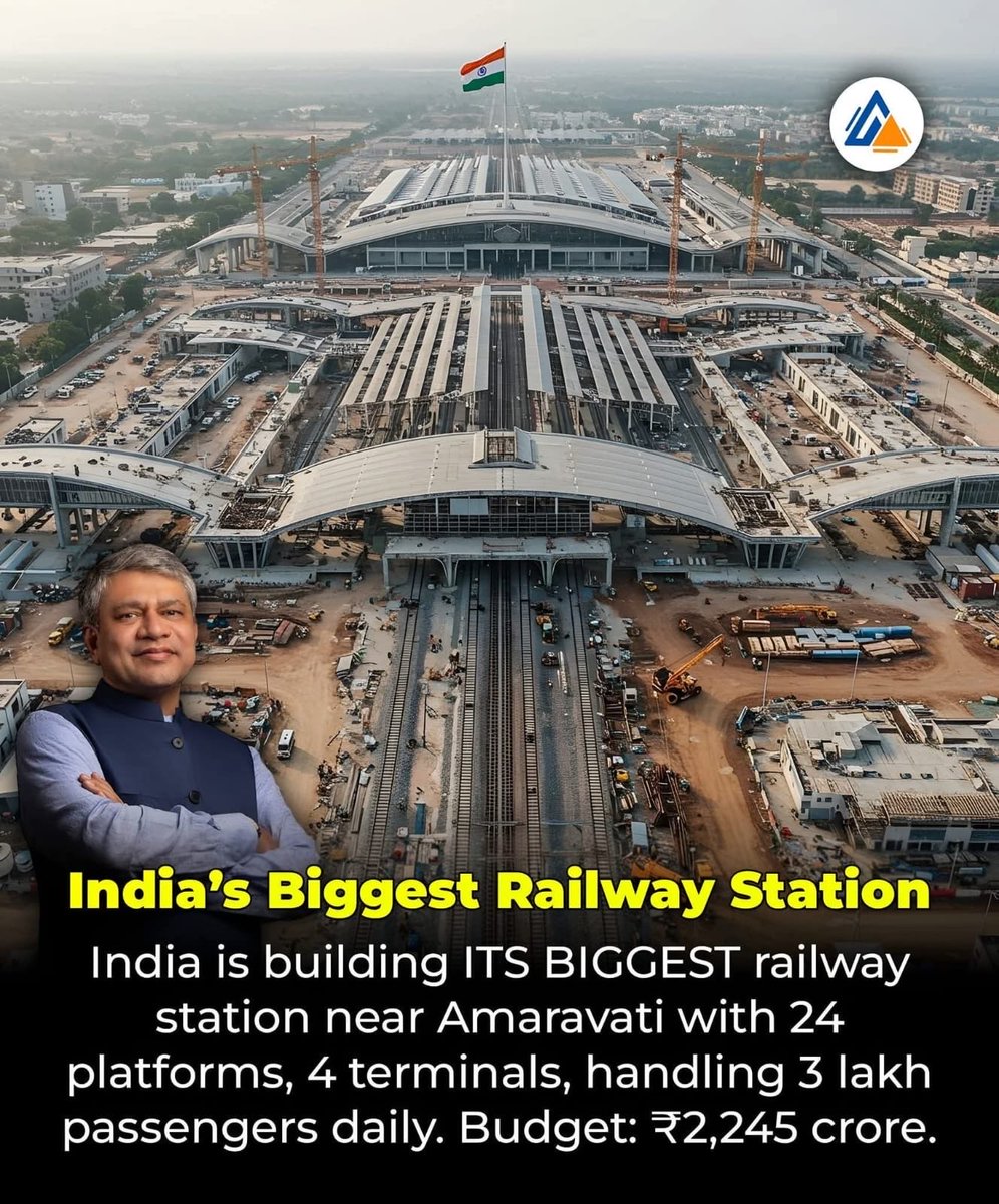paruchuri777's tweet image. India's biggest railway station is being constructed near Amaravati, Andhra Pradesh, and is set to become a landmark in the country's transport infrastructure.
The project features an airport-style station on 1,500 acres with 24 platforms, 4 terminals, and a capacity for 300,000…