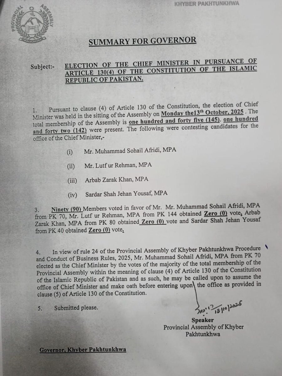 وزیراعلیٰ خیبرپختونخوا کا انتخاب، اسپیکر خیبرپختونخوا اسمبلی بابر سلیم سواتی نے سمری گورنر کو بھیج دی۔ 

نومنتخب وزیراعلیٰ سے حلف لیا جائے۔ وزیراعلیٰ کے انتخاب کا عمل مکمل ہوگیا ہے۔ نومنتخب وزیراعلیٰ سہیل آفریدی نے90 ووٹ حاصل کیے۔ دیگر 3 امیدواروں نے کوئی ووٹ بھی حاصل نہیں کیا۔