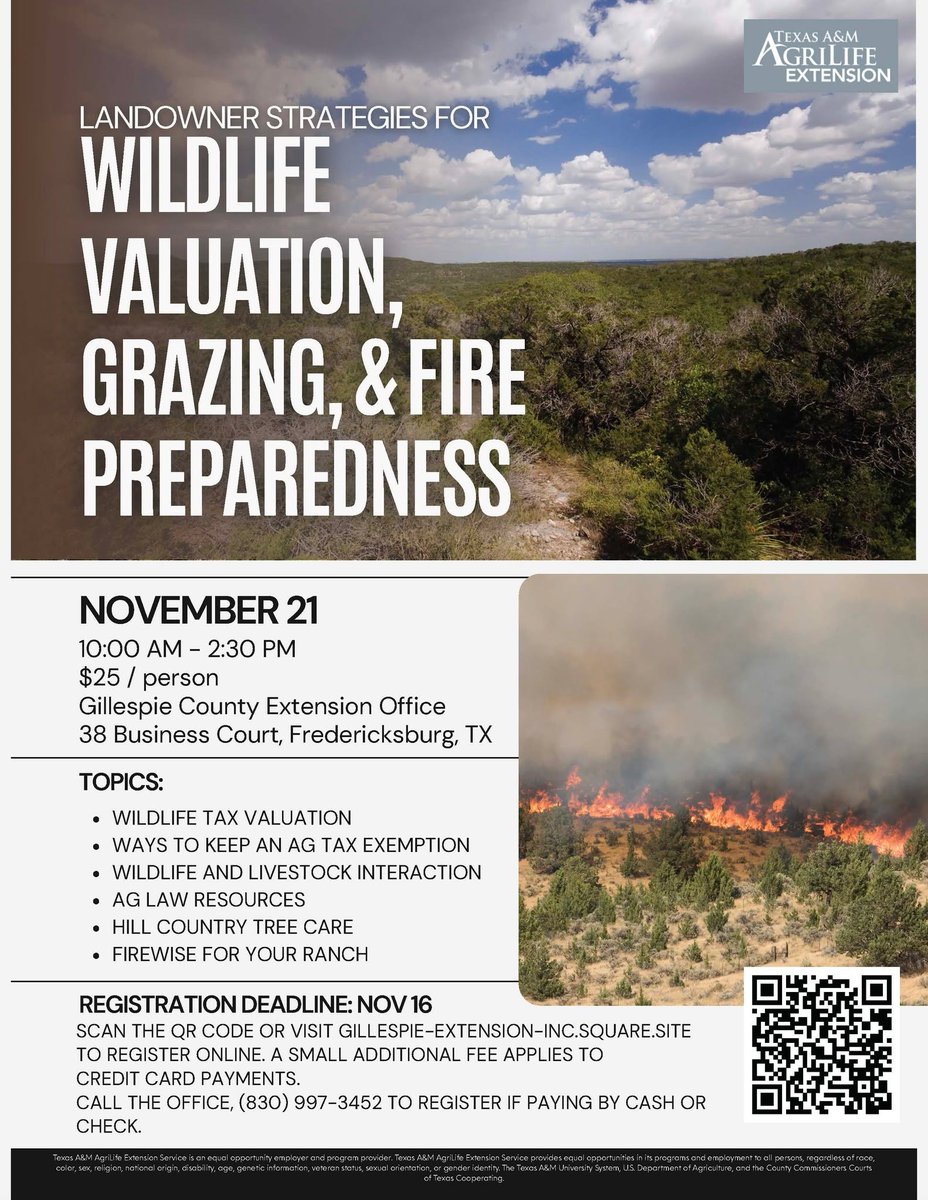 🌾🔥 Landowner Strategies Workshop 🔥🌾
📅 November 21 | ⏰ 10:00 AM – 2:30 PM
📍 Gillespie County Extension Office, Fredericksburg, TX
💲 $25 per person
From wildlife valuation and ag tax exemptions to fire preparedness, this workshop is packed with tools every landowner needs!