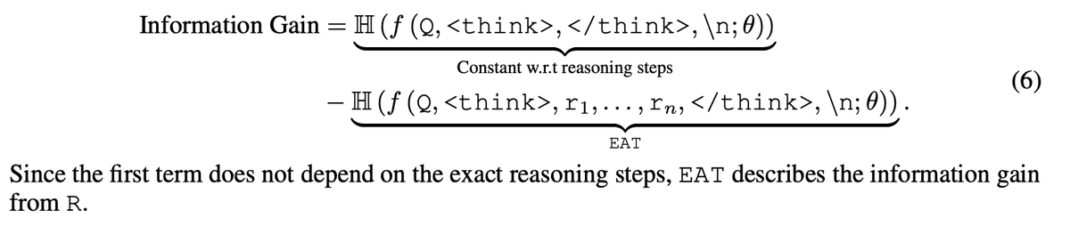 Recent work from Nvidia uses the information gain of reasoning chain as a reward function during pre-training (left most). Our recent work considers a similiar quantity  but uses it as a signal for early exiting the reasoning chain arxiv.org/abs/2509.26522