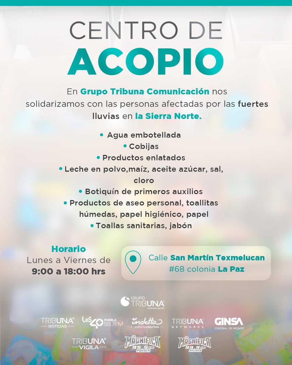 ¡Es tiempo de ayudar a nuestros hermanos de la Sierra Norte! 🤝🏻 

Habilitamos un centro de acopio, para damnificados por las lluvias de los últimos días, en nuestras instalaciones ubicadas en calle San Martín Texmelucan #68, en la colonia La Paz, de 9:00 a 18:00 horas. 

#Puebla