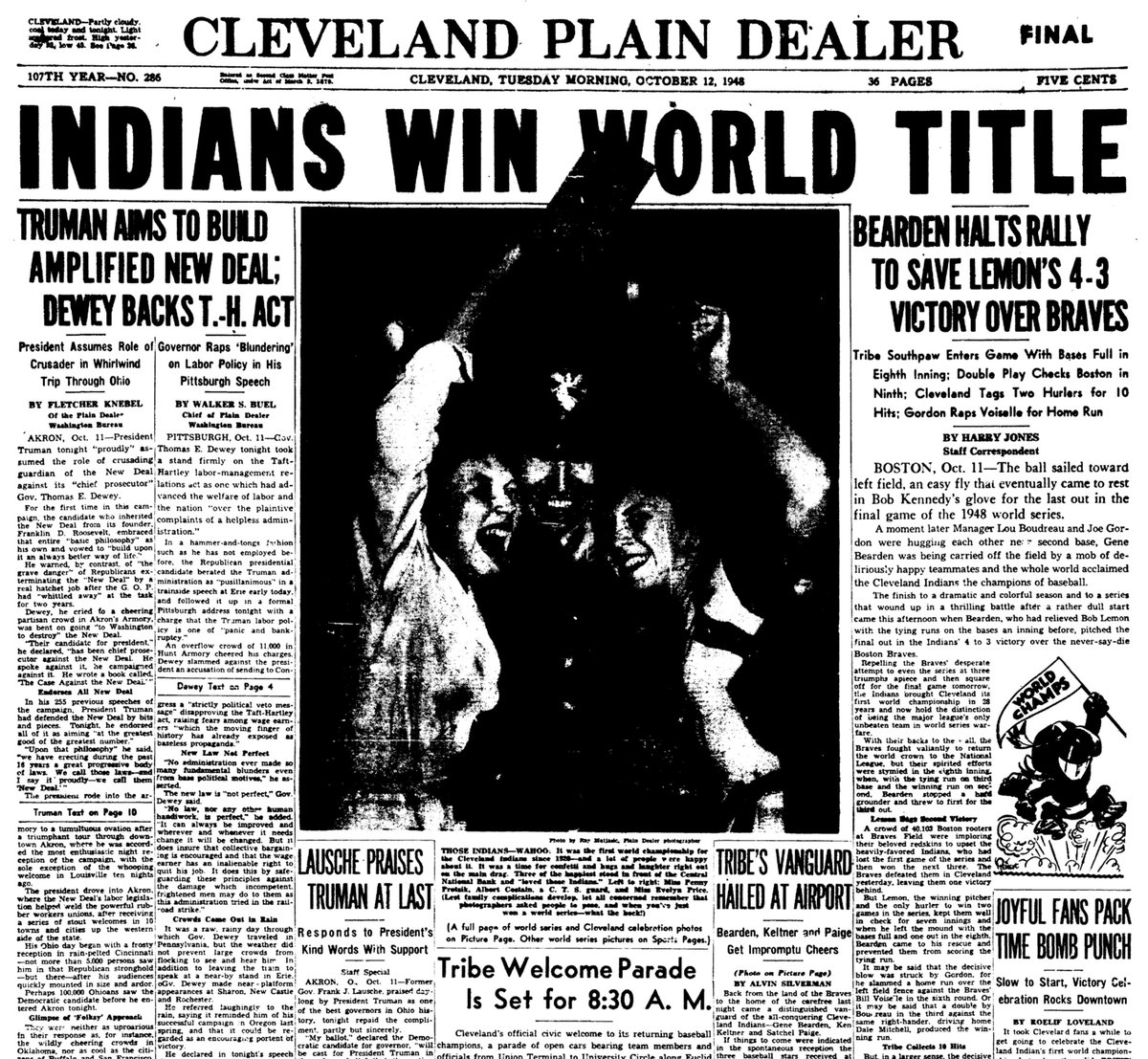 MikeACollier's tweet image. 77 years ago yesterday, more than 200,000 people turned out to celebrate the Cleveland Indians’ World Series victory over the Boston Braves, with a parade stretching from Terminal Tower to University Circle.