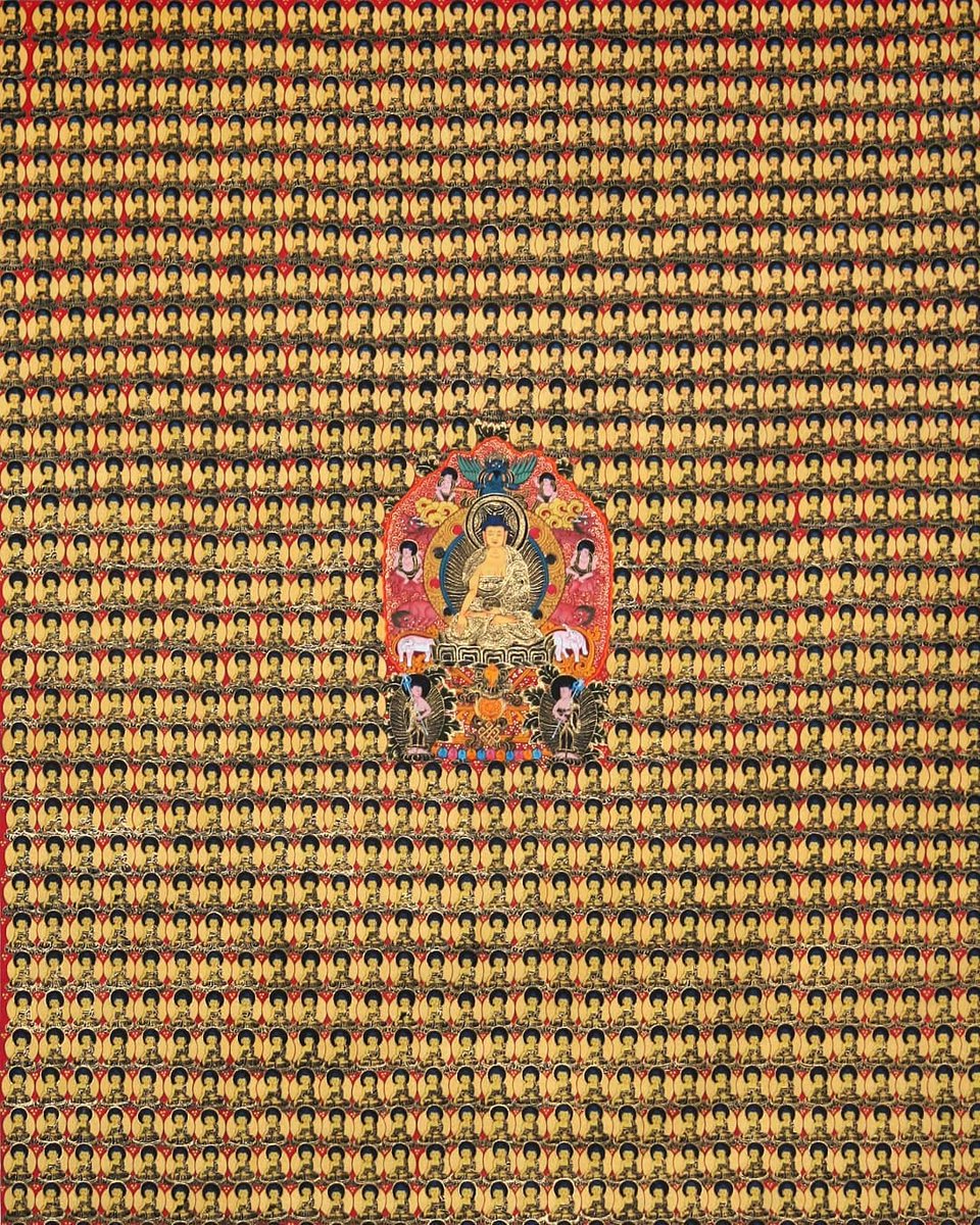 archaeologyart's tweet photo. Thangka: Thousand Buddhas (Sahasrabuddha). Tradition: Tibetan Buddhist. Medium: mineral pigments and gold on cotton scroll. https://t.co/fNzOUtSBBG