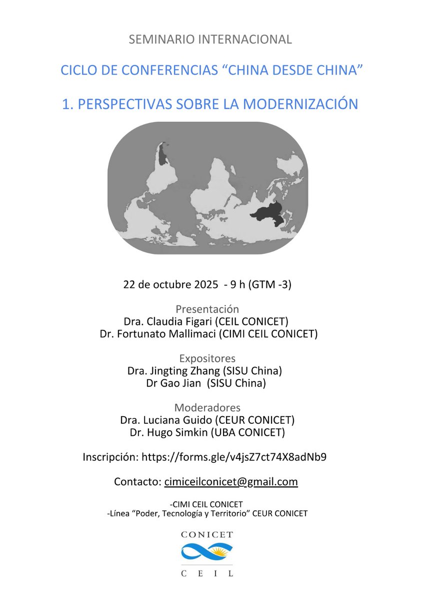 ceil_conicet's tweet image. 1° encuentro virtual Seminario internacional China desde China / Perspectivas sobre la modernización 
22.10 9 hs. Con Claudia Figari, Fortunato Malimaci , Jingting Zhang, Gao Jian, Luciana Guido y Hugo Simkin   
Inscripción : forms.gle/v4jsZ7ct74X8ad…
