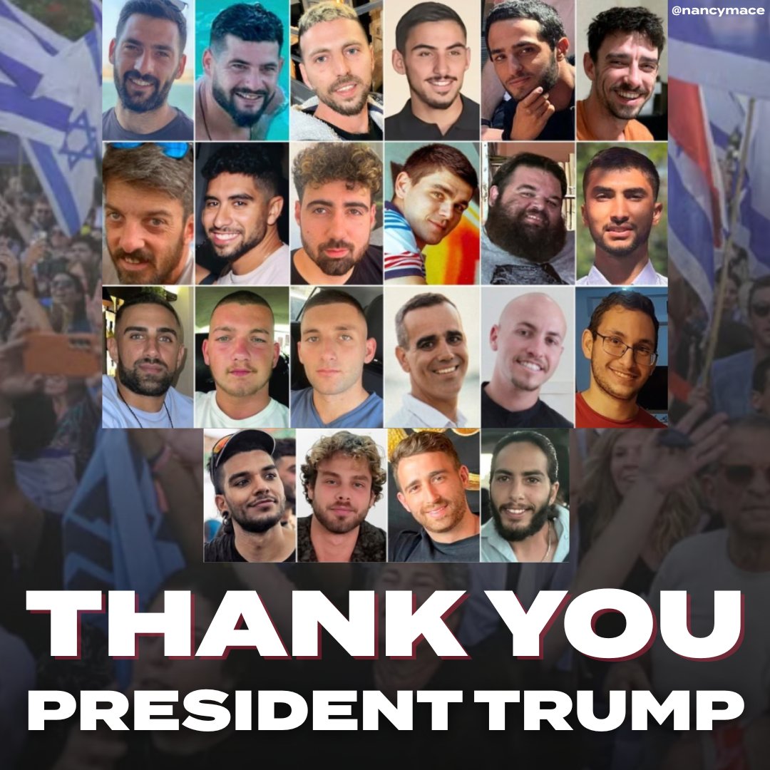 NancyMace's tweet photo. ALL remaining living hostages have been released by Hamas.
Thank you, President Donald J. Trump. 🇺🇸

GOD BLESS THE PEACEMAKER.
“Blessed are the peacemakers, for they will be called children of God.”
— Matthew 5:9 https://t.co/gVKHz3jNcp